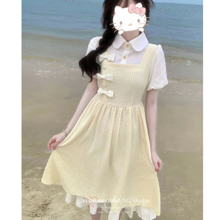 假两件短袖连衣裙少女夏装新款初中高中学生甜美新中式旗袍长裙子