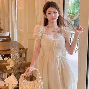 方领泡泡袖 海边度假风连衣裙夏季 超仙气质小众少女甜美网纱a字裙