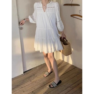韩国chic法式 连衣裙女 温柔风流苏系带重工镂空蕾丝花边拼接泡泡袖