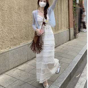 小个子法式小众蕾丝防晒衣吊带连衣裙两件套女夏气质海边长裙套装