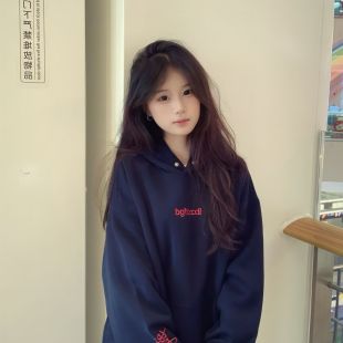 高街美式 加绒加厚学院风宽松百搭简约上衣潮 刺绣连帽卫衣女秋冬季