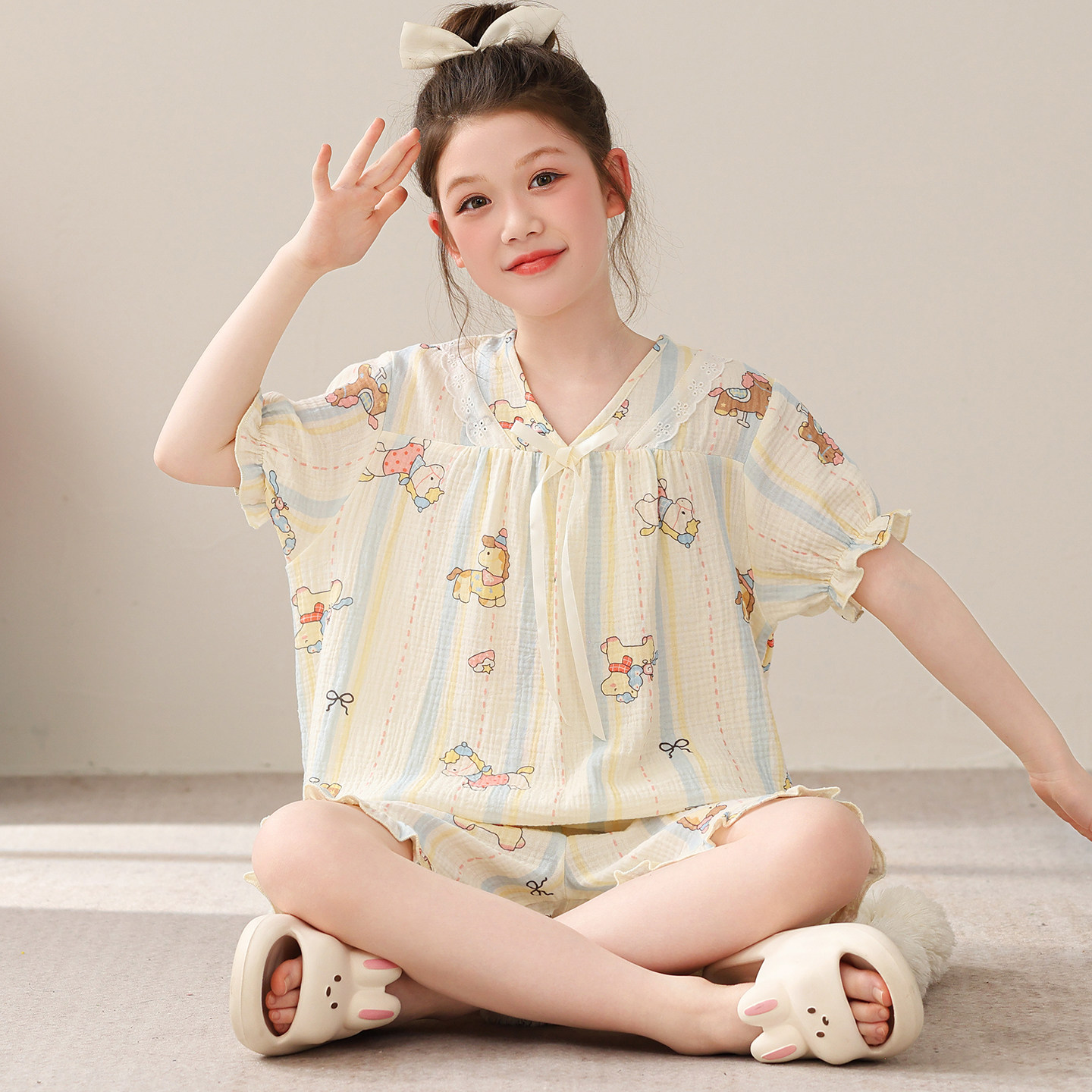 甜美萌系风女童棉纱布睡衣夏天V领蕾丝卡通木马儿童家居服短袖夏