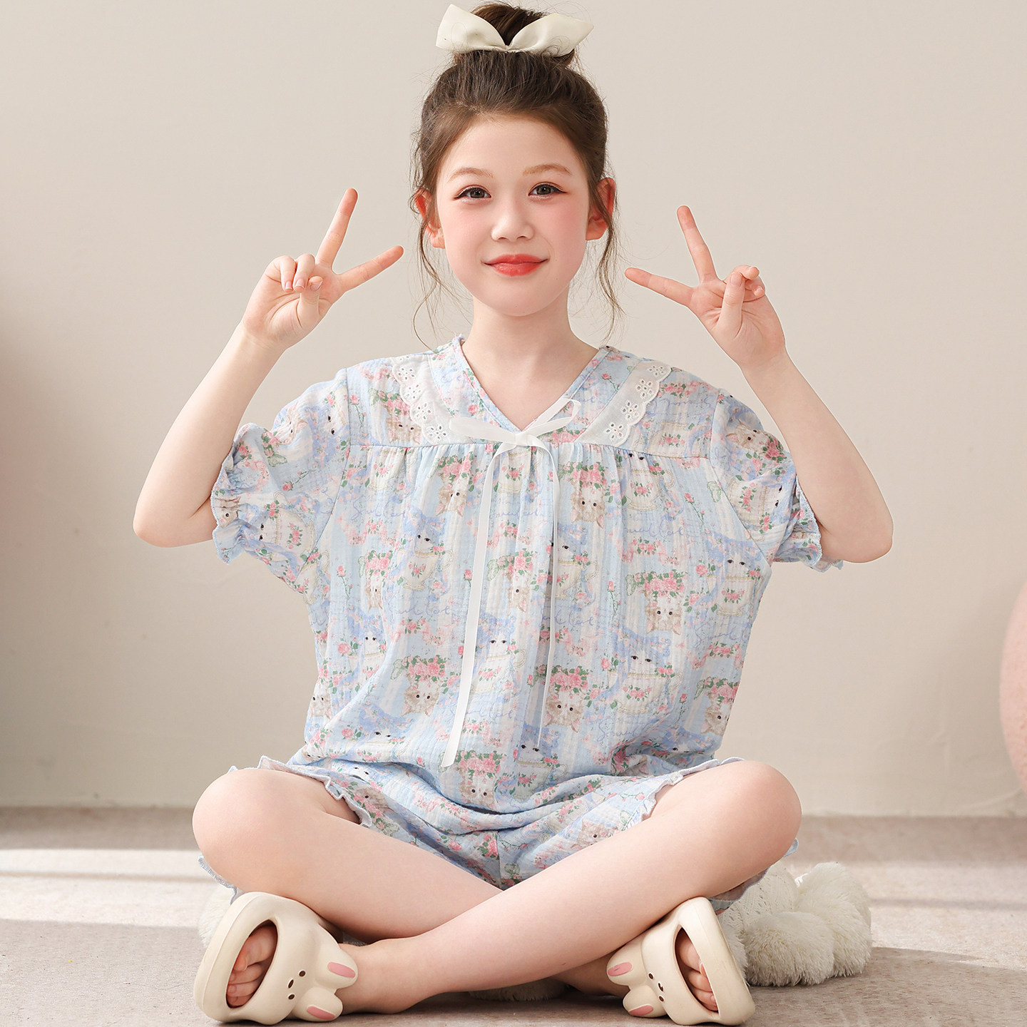 全棉双层纱布睡衣女童夏季薄款短袖套装可爱甜美公主风儿童家居服