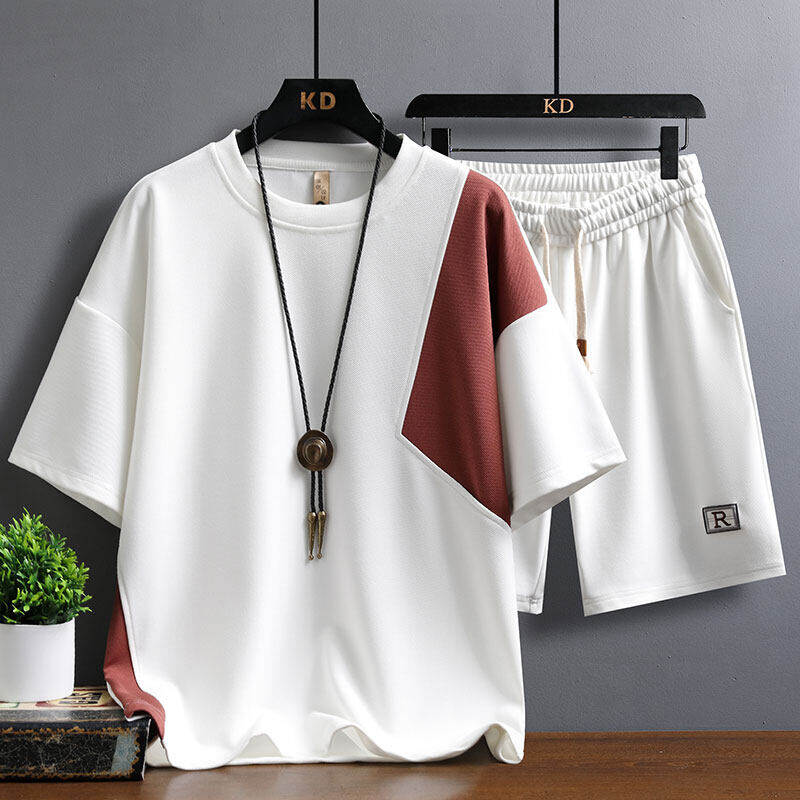 套装男款夏季短袖t恤韩版潮流冰丝五分袖青少年宽松5短裤帅气半袖
