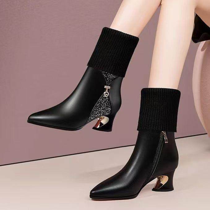 真皮毛线靴子粗跟尖头中筒女靴