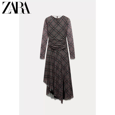 ZA女装春季新款格子褶皱不对称下摆绢网露背长袖连衣裙RA 5039284