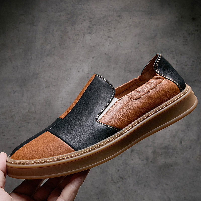 2026夏季新款乐福鞋男真皮透气拼接潮流休闲鞋一脚蹬套脚懒人板鞋