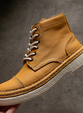 2025秋冬季新款高帮男鞋真皮时尚潮流黄色马丁靴厚底增高系带短靴