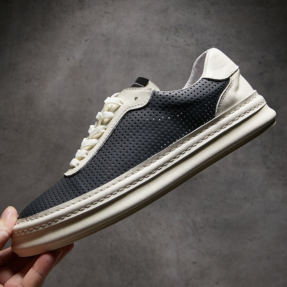 欧洲站2024春季新款男鞋真皮透气镂空时尚运动休闲鞋手工高端板鞋