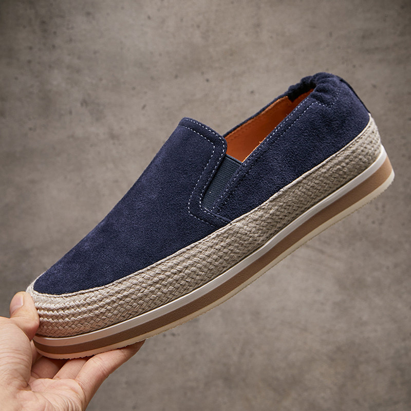 欧洲站春季新款男鞋真皮一脚蹬套脚懒人乐福鞋厚底高端牛皮渔夫鞋