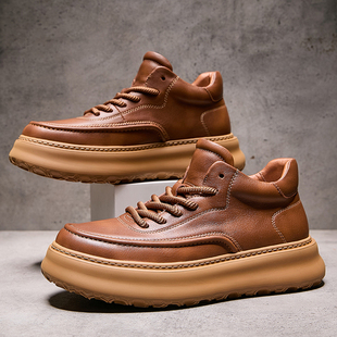 欧洲站秋冬季新款高帮男鞋真皮时尚英伦复古工装靴厚底增高马丁靴