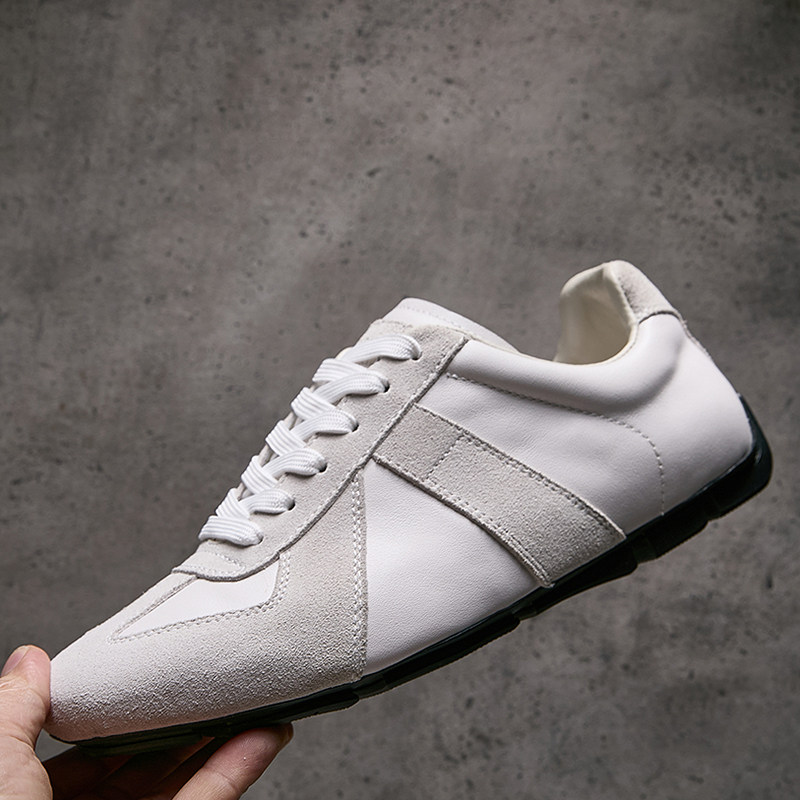 欧洲站春季新款德训鞋男真皮拼接时尚潮牌百搭小白鞋牛皮阿甘鞋男