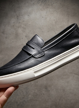 秋季新款男鞋欧洲站真皮黑色时尚套脚懒人乐福鞋男士软底驾车板鞋