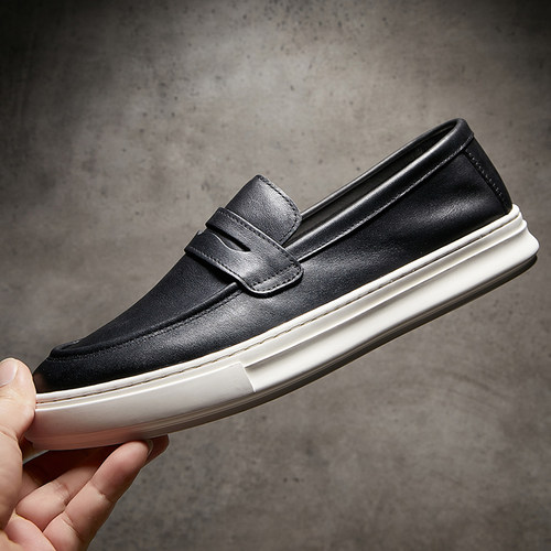 秋季新款男鞋欧洲站真皮黑色时尚套脚懒人乐福鞋男士软底驾车板鞋