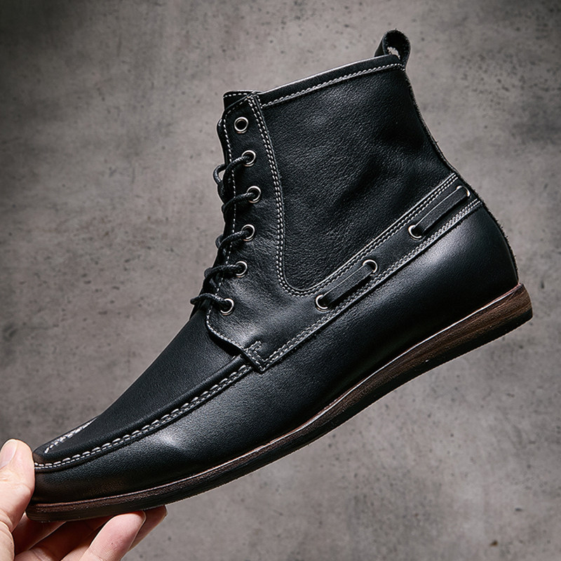 欧洲站秋冬季新款高帮男鞋真皮黑色复古赛车靴头层牛皮机车马丁靴