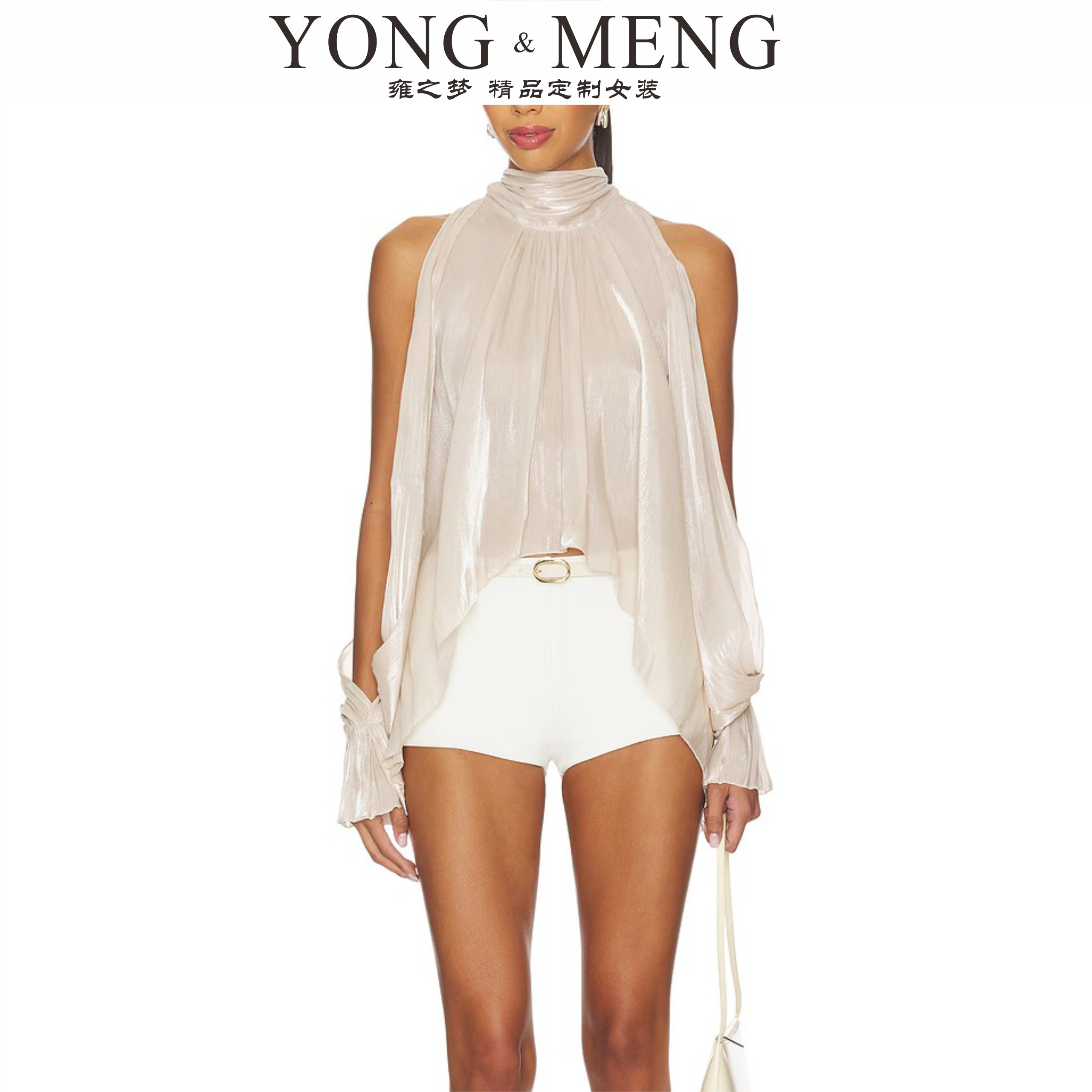 春夏通勤挂脖灯笼袖彩光雪纺衬衫