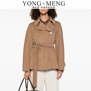 收腰系带外套老钱风羊绒长袖女士中长翻领简约双排扣短款羊毛大衣