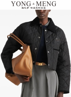 复古几何绗缝短款夹克女黑色翻领纽扣外套经典百搭上衣棉服短外套