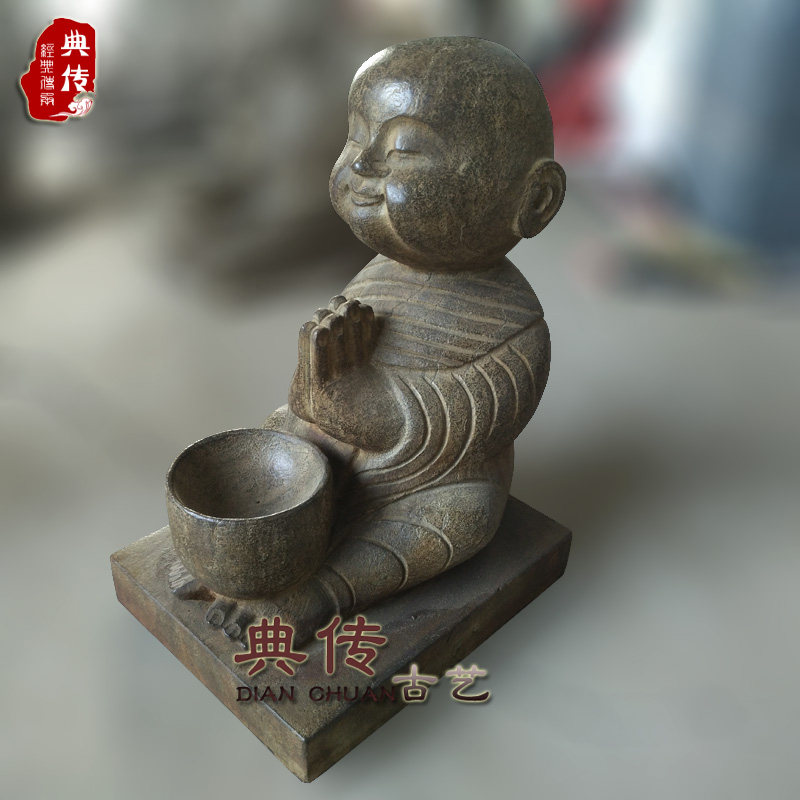 天然青石做旧雕刻人物小和尚仿古石头小沙弥中式茶楼个性装饰摆件