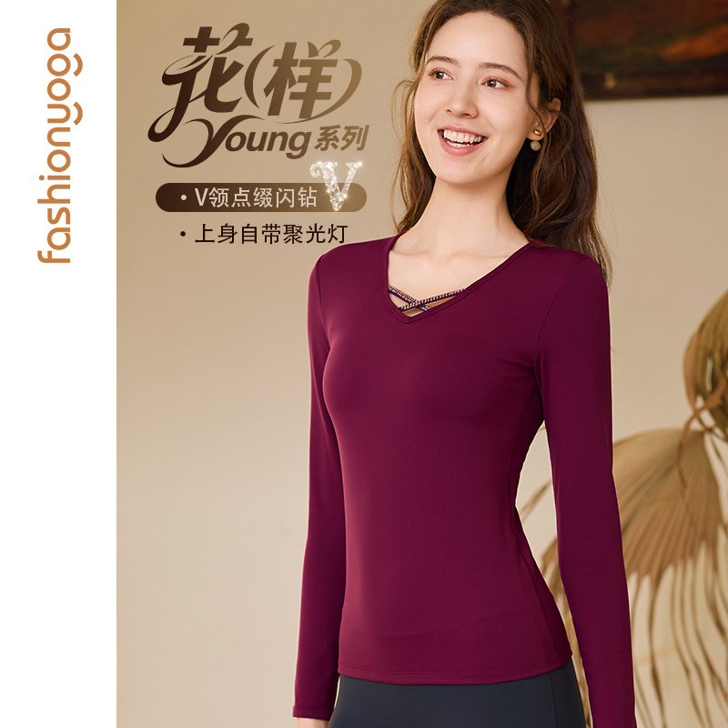 凡圣瑜伽服运动健身透气V领显瘦贴钻带胸垫一体杯长袖FC15356