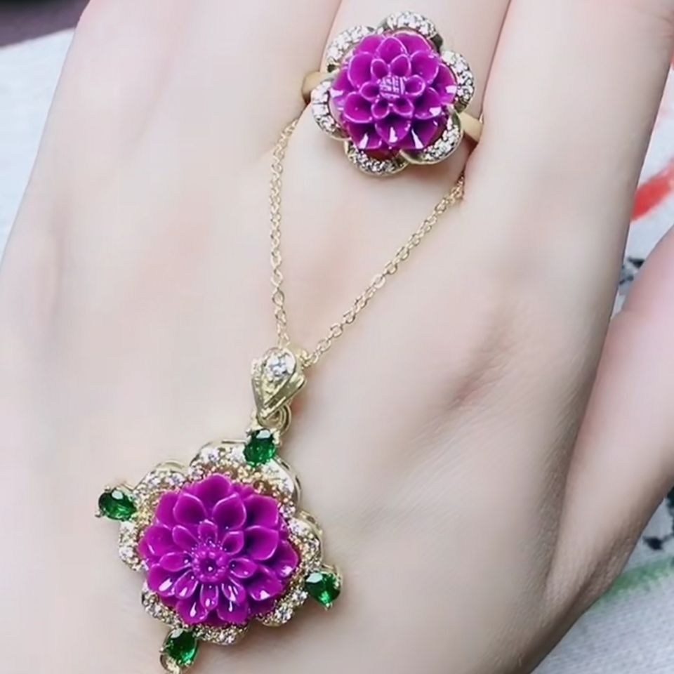 天然高品质紫云母花玫瑰花开富贵格桑花两件套镶嵌防辐射项链吊坠