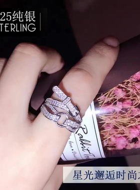 H皮带扣戒指女满钻中食指环尾戒925银日韩时尚大牌个性夸张ins潮