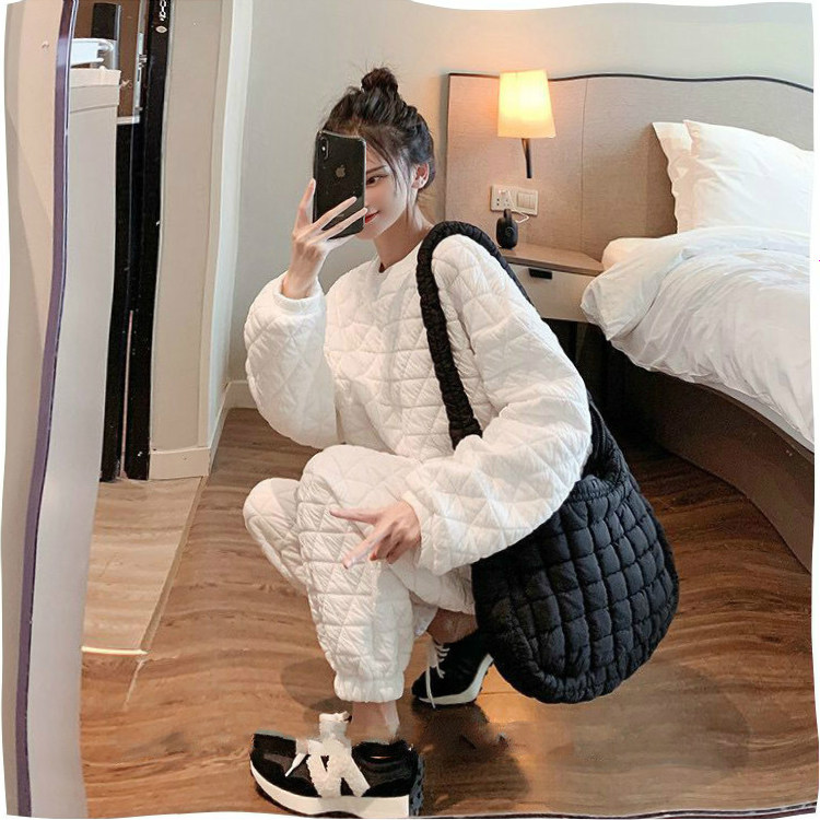 여성용 퀼팅 면 캐주얼 스포츠 정장 투피스 가을 겨울 두꺼워지고 따뜻하고 세련된 다용도 스웨트 셔츠와 바지