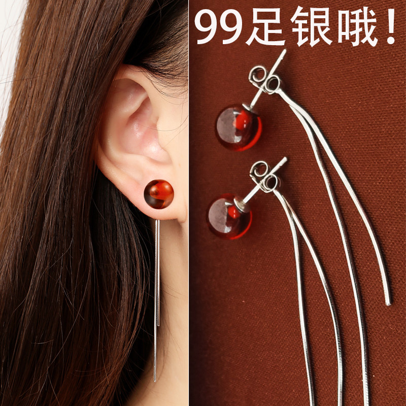 S999纯银耳钉女红色耳环2025新款爆款养耳洞长款流苏耳线耳坠耳饰,饰品/流行首饰/时尚饰品新,耳钉,淘宝优惠券,粉丝福利购,淘宝优惠卷