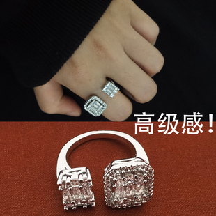 高级感活口戒指女生小众设计男士小方糖锆石食指环轻奢单身戒尾戒