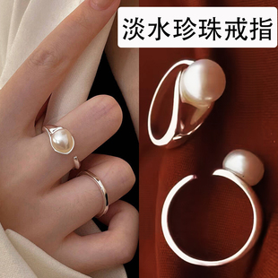 s925纯银淡水珍珠戒指2025新款爆款女小众设计尾戒开口银饰食指环