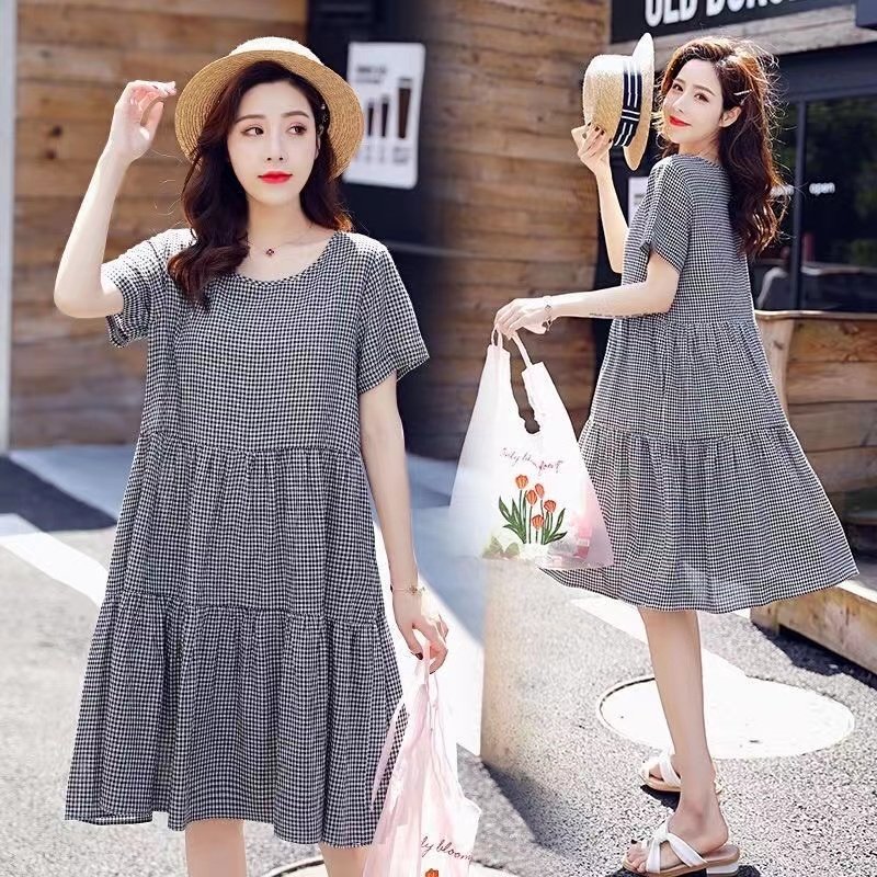 孕妇装中长款通勤圆领格子裙2024夏新款宽松显瘦遮肚潮A字连衣裙,孕妇装/孕产妇用品/营养,连衣裙,淘宝优惠券,粉丝福利购,淘宝优惠卷