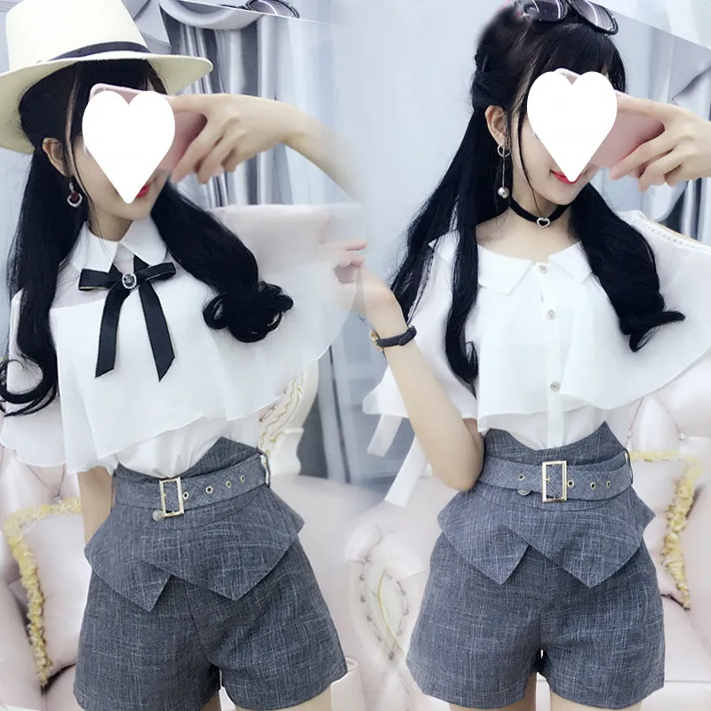 洋气套装女白色翻领露肩斗篷衬衫职业女裙套装