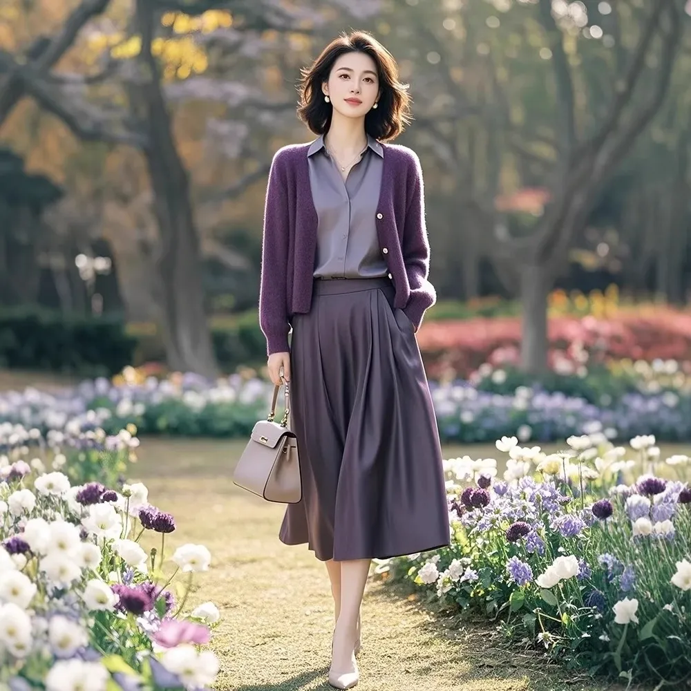 春季巨显瘦洋气欧货潮时髦休闲紫色针织开衫衬衣半身裙三件套装女