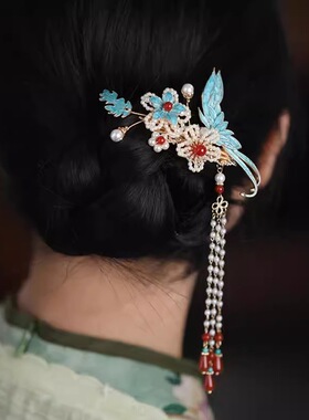 汉服头饰步摇流苏古典烧蓝新中式马面裙结婚发饰侧边夹旗袍发饰女