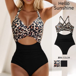 交叉绑带紧身 豹纹连体纯色泳衣女欧美露背拼接性感bikini镂空泳装