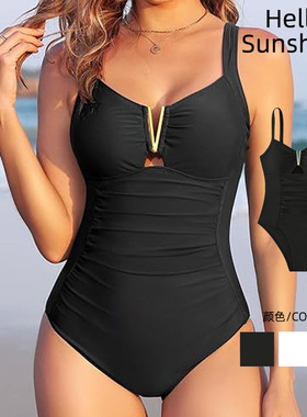 2025新款欧美纯色吊带显瘦保守连体泳衣女士塑身收腹比基尼游泳