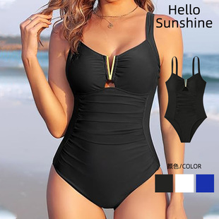 2025新款欧美纯色吊带显瘦保守连体泳衣女士塑身收腹比基尼游泳