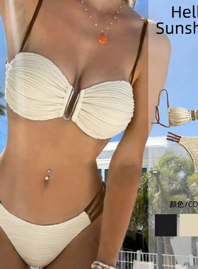 新款欧美拼色性感镂空可调肩带bikini泳衣女三点式沙滩温泉泳装
