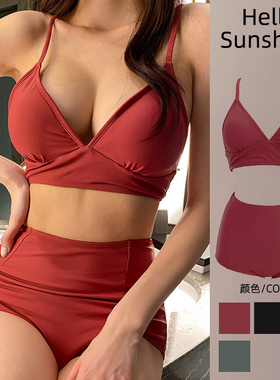 新款纯色绑带美背小胸聚拢比基尼性感修身高腰遮肚保守分体泳衣女