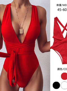 深V领高开叉连体泳衣女夏新款2025爆款性感辣妹遮肚显瘦泳装温泉