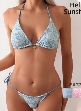 欧美新款性感分体比基尼提花绑带沙滩泳衣女小清新露背时尚泳装