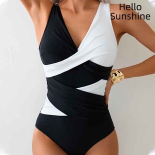 2025欧美新款 女士拼色交叉绑带连体比基尼泳衣温泉 bikini高端泳装