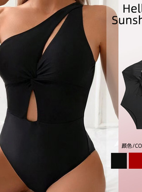 26新款欧美泳衣纯色黑色单肩带紧身连体比基尼镂空性感泳装海滩