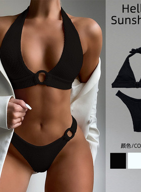 2026欧美性感分体泳衣女挂脖深V大胸高叉比基尼海边度假C杯D杯白