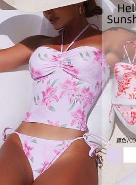 2026新款欧美修身显瘦两件式印花挂脖泳衣女士泳装系带沙滩度假
