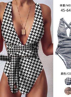 新款性感宋智雅同款千鸟格高叉深V绑带连体泳衣女比基尼度假沙滩