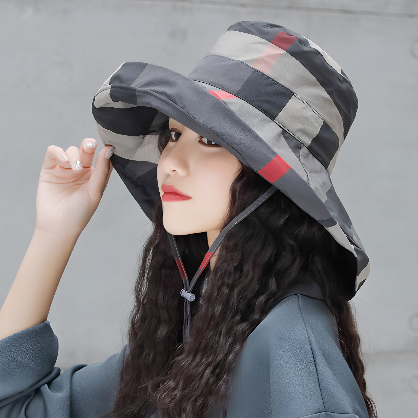 遮阳帽女夏天防晒太阳帽韩版日系百搭格子潮流双面出游遮脸渔夫帽