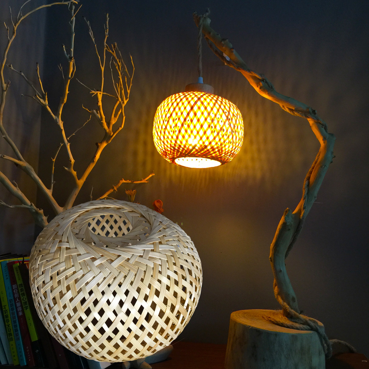 新中式手工编织竹编吊灯网红民宿灯茶室氛围灯书房复古藤艺壁灯罩
