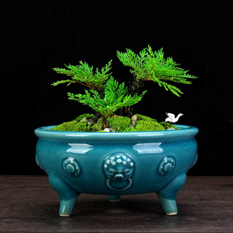 紫砂花盆圆形兽头精品陶瓷高脚古典盆景盆冰裂釉老桩石湾竹子包邮