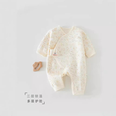 新生儿春秋冬薄棉空气层夹棉保暖a类纯棉无骨连体衣保暖外出服